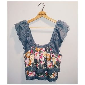 Rebellion Again Floral Tiered Eyelet Trim Ruffle Top